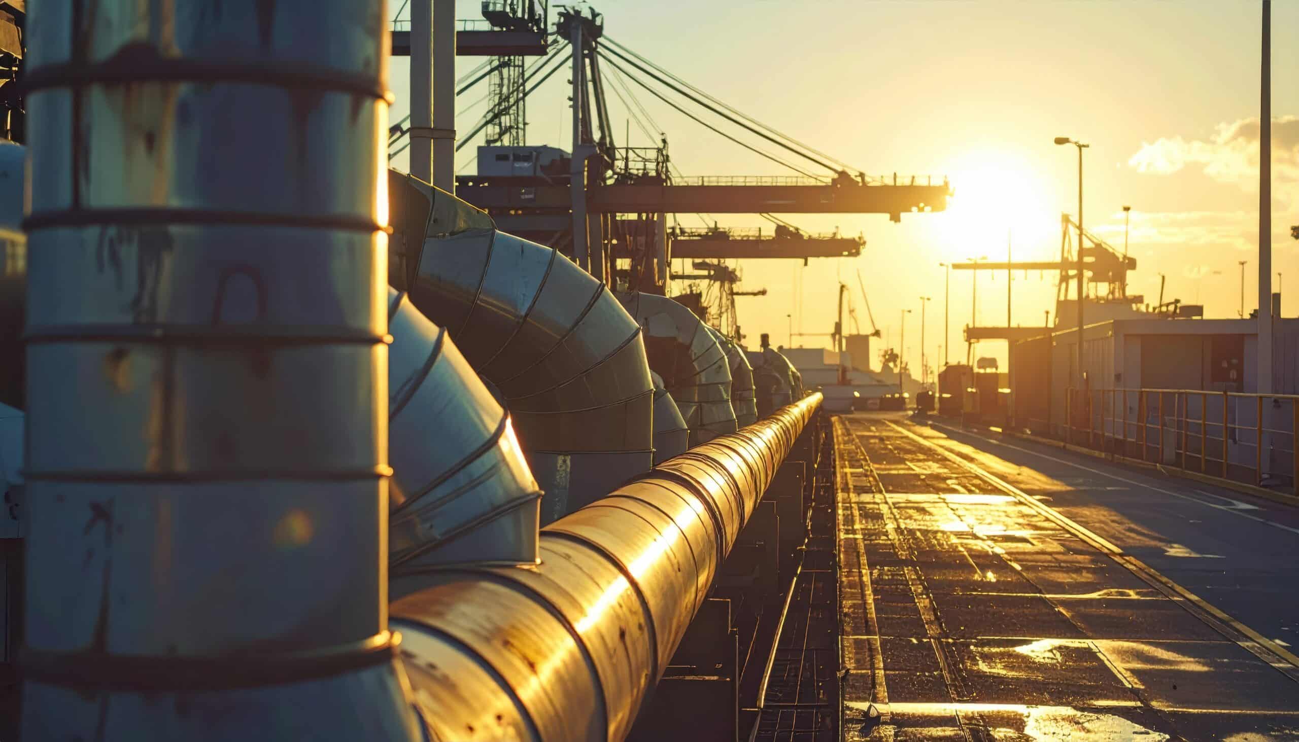 Sunrise Over Industrial Port with Pipelines and Equipment Detail